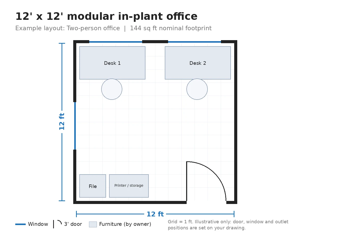 Example floor plan of a 12' x 12' modular office