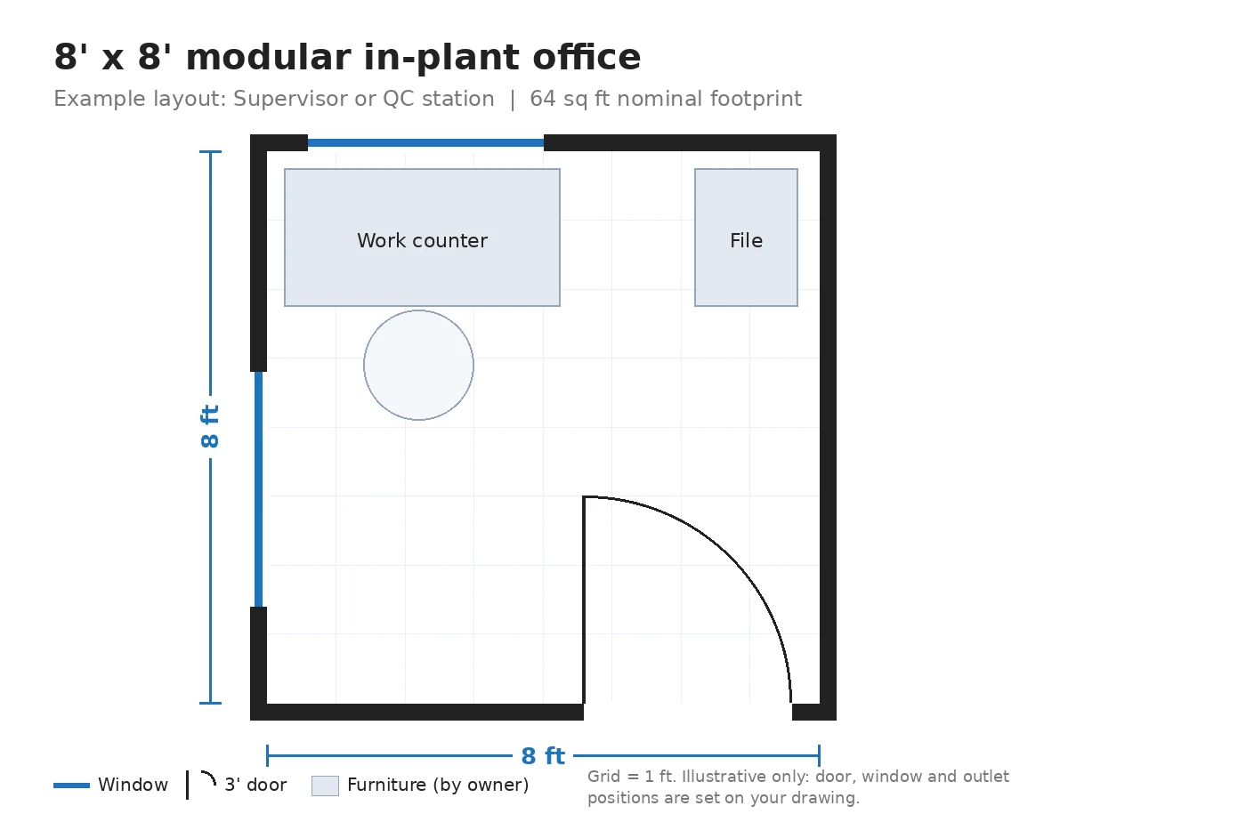 Example floor plan of a 8' x 8' modular office