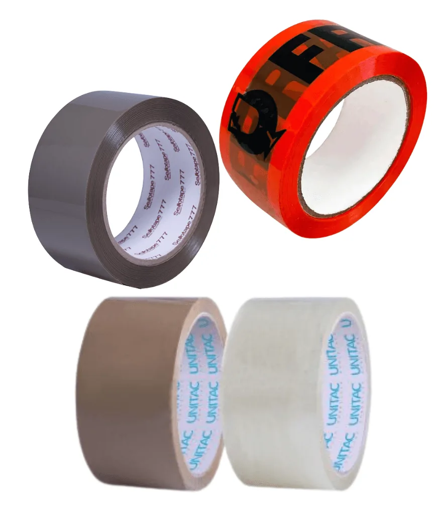 Rolls of clear, tan and printed carton sealing tape for bulk box sealing