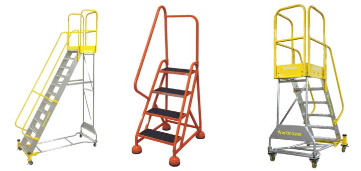 Three Cotterman rolling ladders: a yellow ladder with a guarded top, a red three-step ladder and a platform work stand