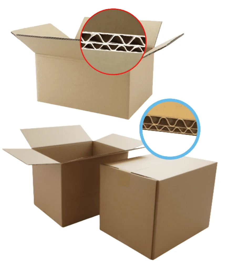 Cross-section close-ups of double wall and single wall corrugated board beside open shipping cartons