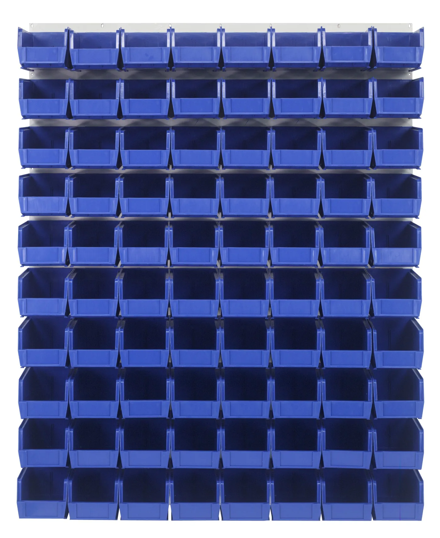 Wall mounted steel louvered panel holding rows of blue hang and stack bins for small parts storage