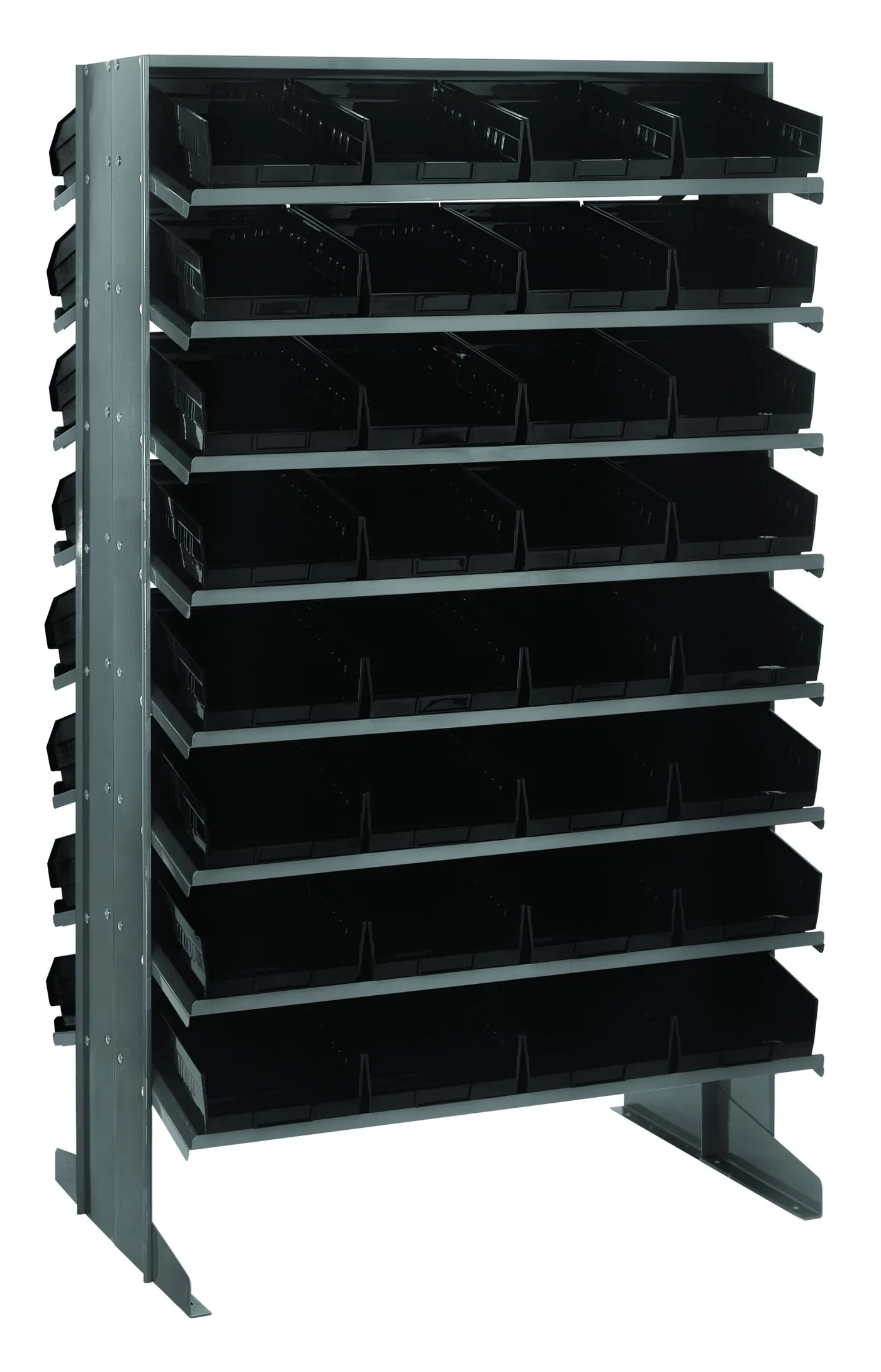 Double-sided sloped pick rack with black hopper-front bins on every shelf