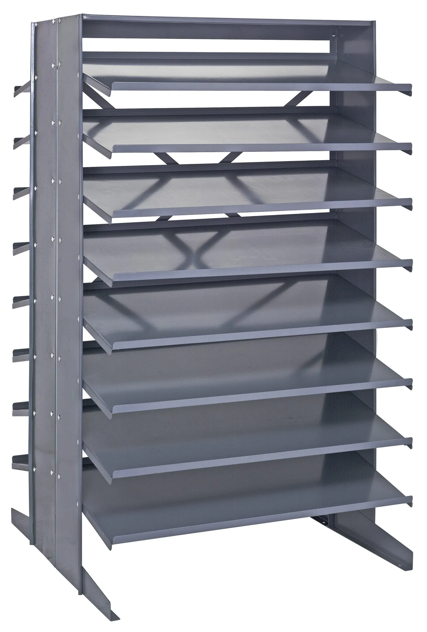 Bare double-sided pick rack frame with sixteen sloped steel shelves and no bins