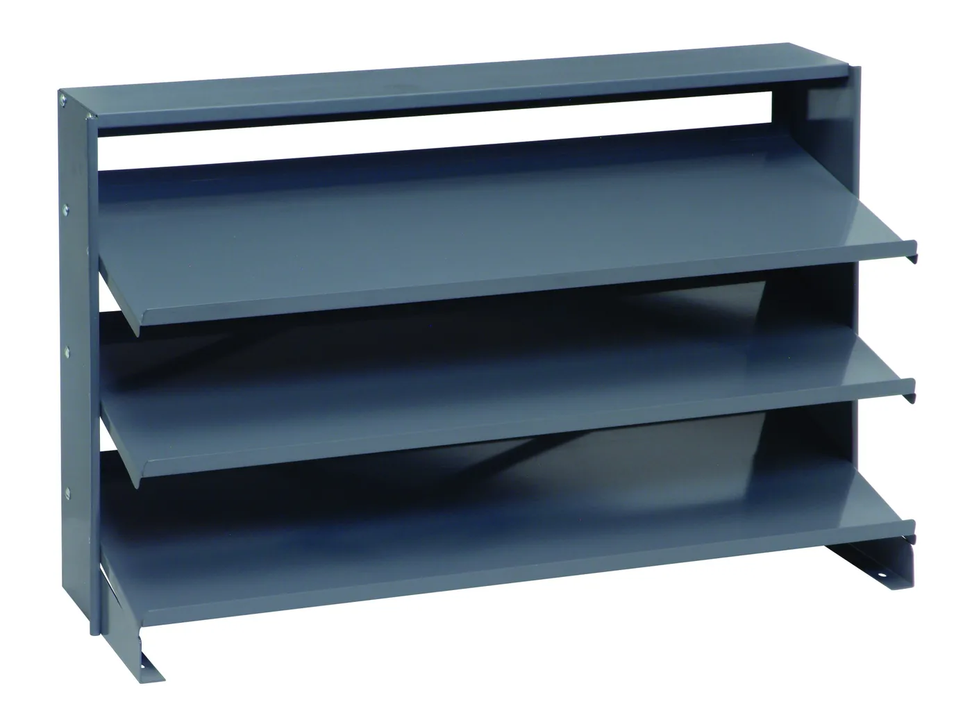Gray steel bench-height pick rack with three sloped shelves and angled end-frame feet