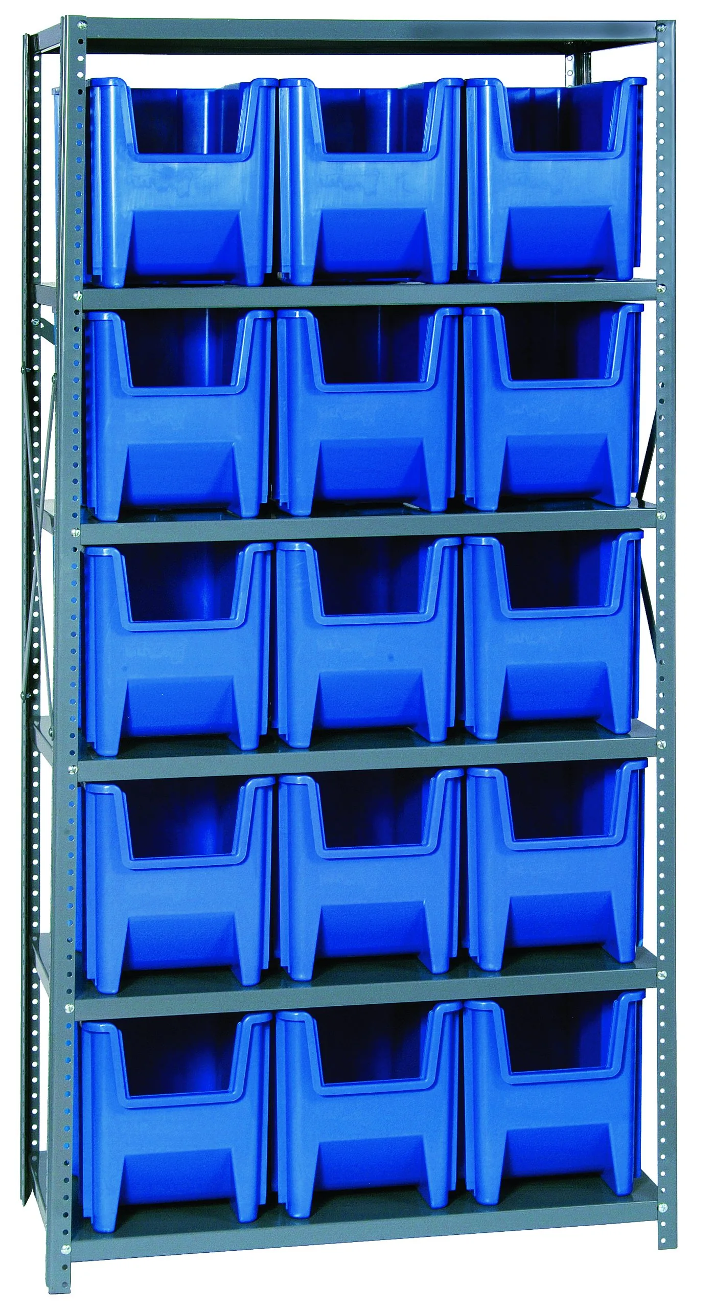 Gray steel shelving unit with fifteen blue open-front hopper bins on five shelves