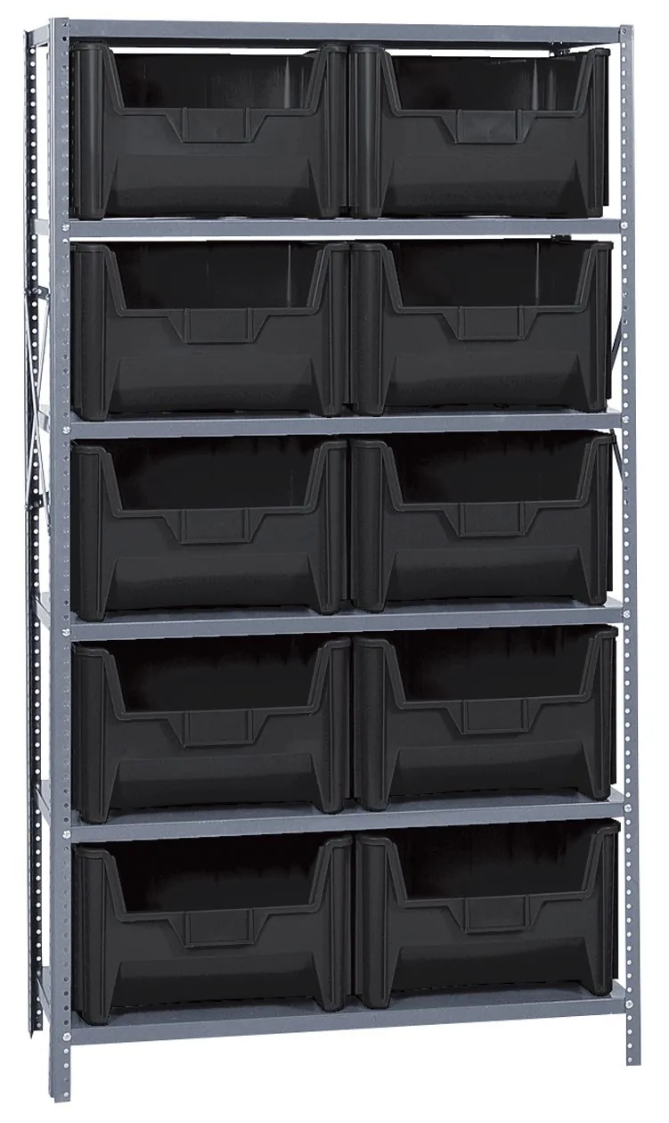 Gray steel shelving unit with ten large black open-front bins for bulk bolts and boxed fasteners