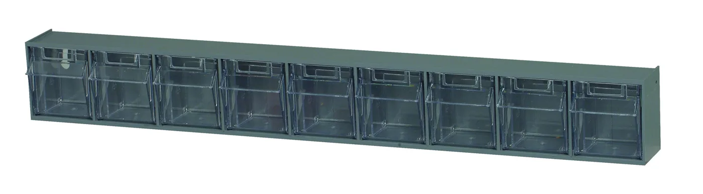 Gray tip-out bin rail with nine clear compartments that tilt open for screws and washers