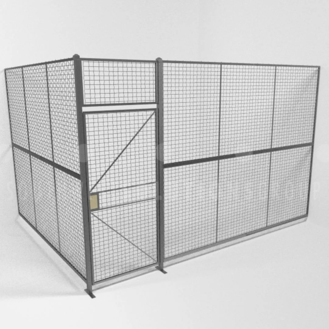 Universal hinged door on a welded wire mesh security cage in a 14 gauge steel box frame