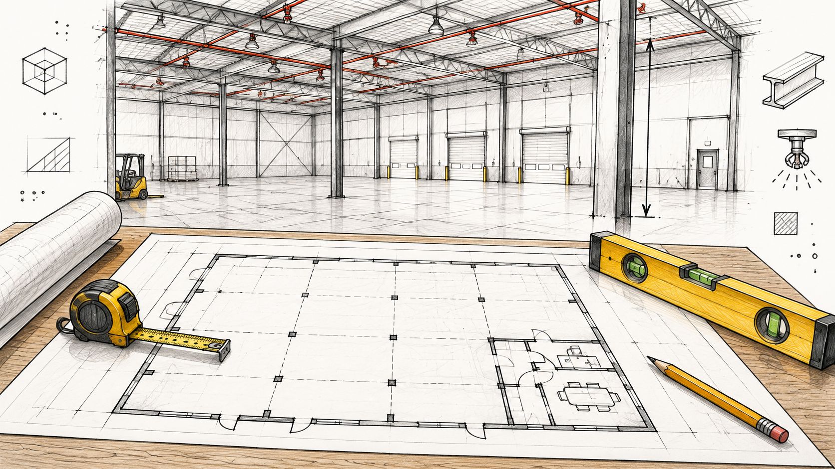 A detailed architectural blueprint for an industrial warehouse project lies on a table with tools.