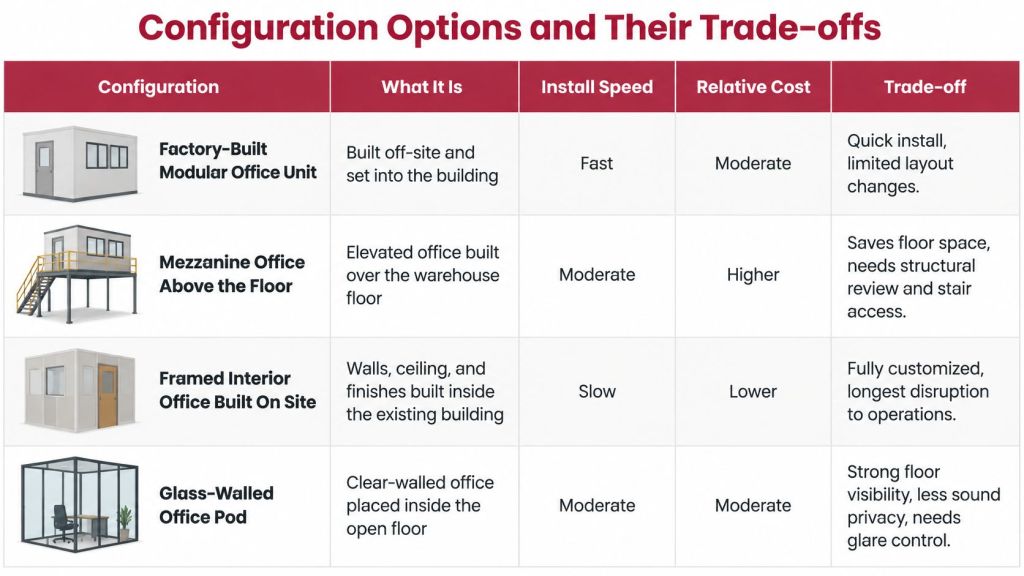 A table comparing configuration options, install speeds, costs, and trade-offs for various in-plant office layouts.