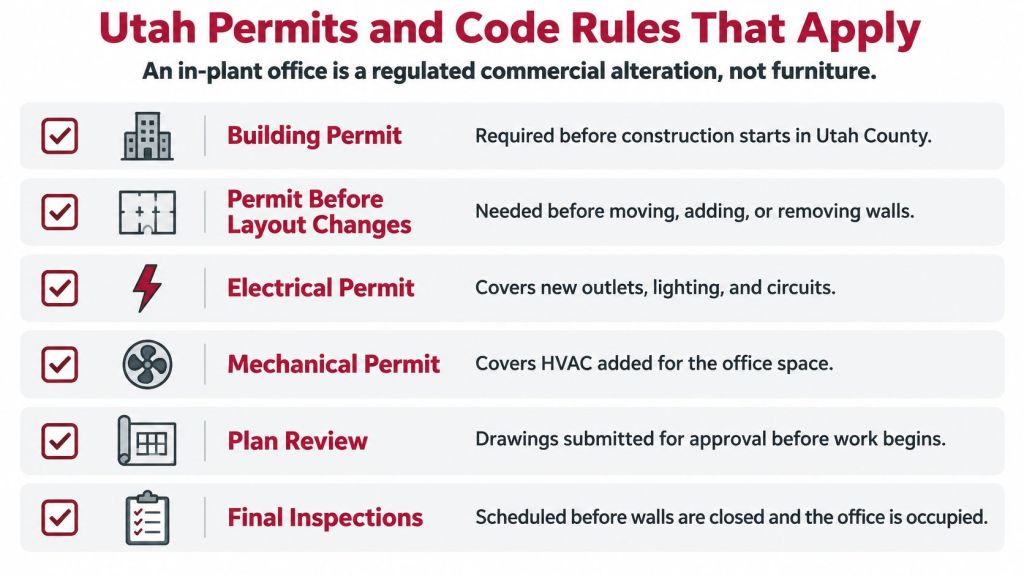 A list of required Utah permits and code rules for installing an in-plant office in a warehouse.