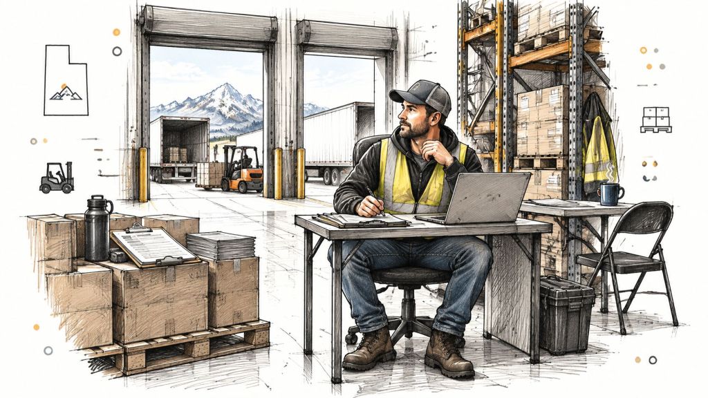 A warehouse manager sitting at a desk reviewing logistics paperwork in a busy Utah warehouse facility.