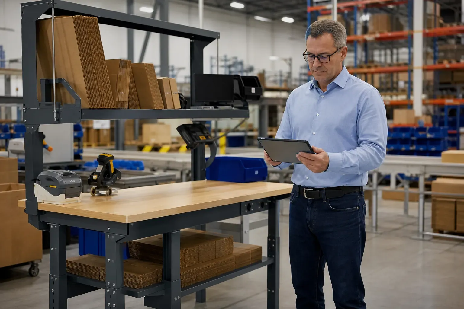 Adjustable-height packing workstation with a hardwood top, upper shelf and scanner in a warehouse packing area