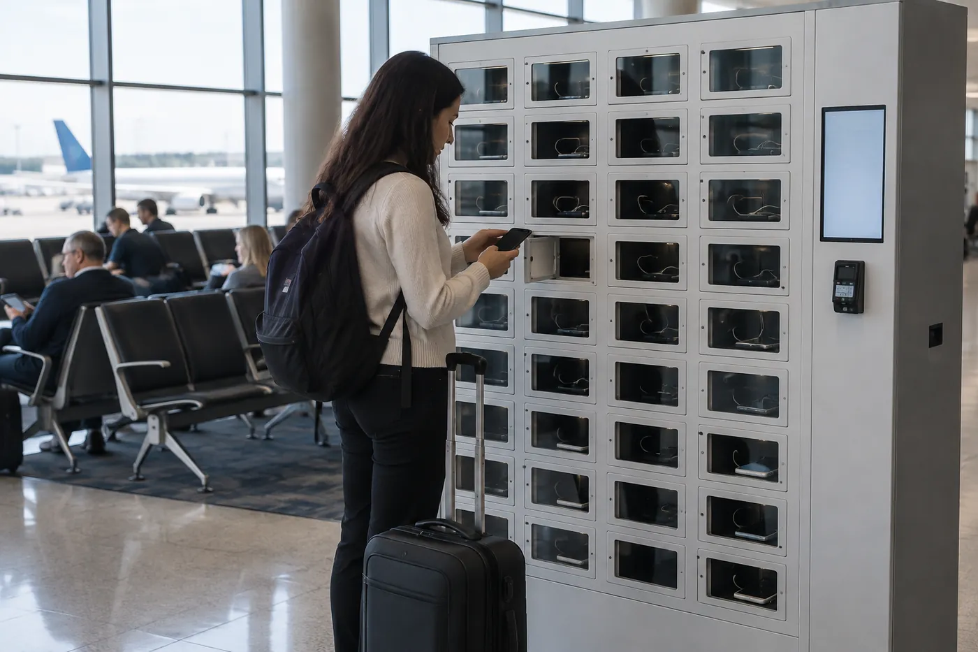 Traveler with a carry-on taking a charged phone from a smart charging locker at an airport gate