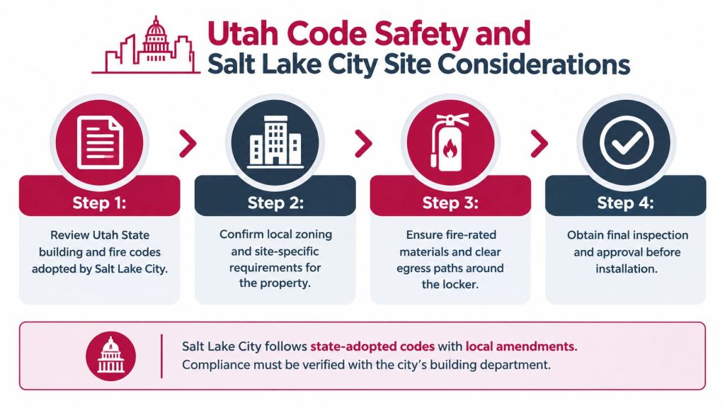 A flowchart showing four steps for installing parcel lockers while following Utah building and fire safety codes.