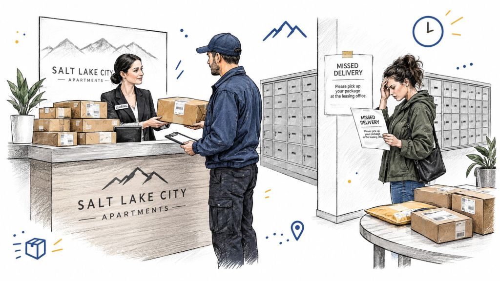 A delivery person hands a package to a leasing office agent while a resident looks frustrated nearby.
