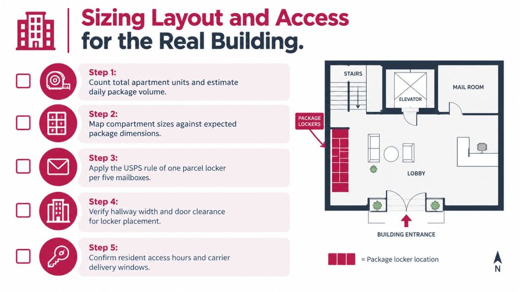 An infographic detailing five steps for sizing and installing parcel lockers in an apartment building lobby.