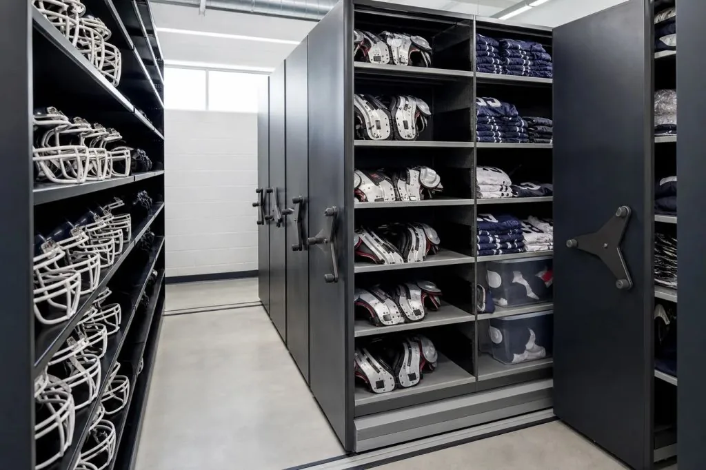 Mobile shelving holding football helmets and uniforms in a school equipment room