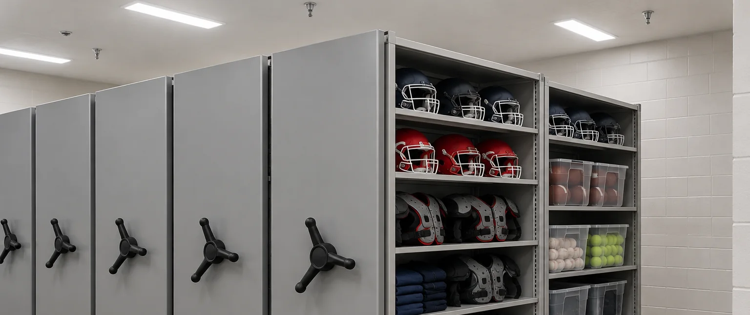 Athletic storage room with mobile shelving carriages whose tops stay well below the ceiling fire sprinkler heads