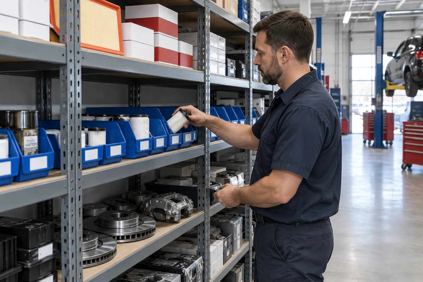 Parts technician picking an oil filter from a waist-high bin on boltless shelving in an auto shop parts room, with brake rotors stored on a lower shelf