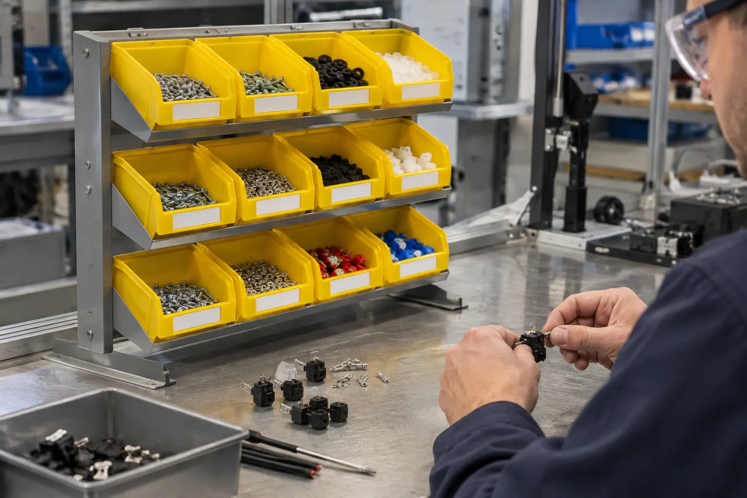 Bench-height sloped pick rack with three rows of yellow hopper-front bins holding screws and connectors on an assembly workbench