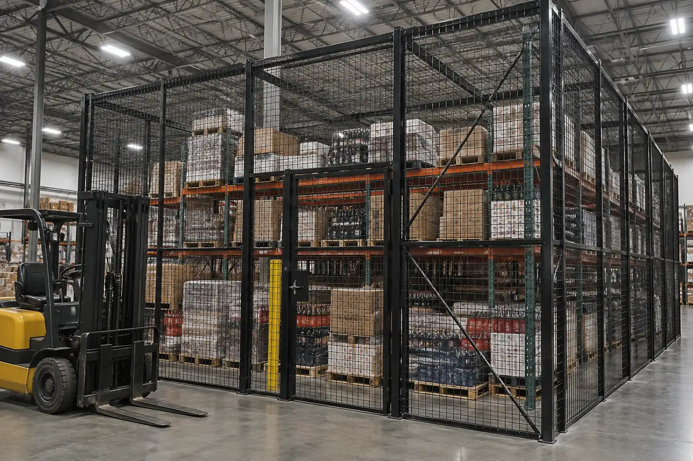 Large wire mesh security cage around pallet racking loaded with cases of bottled spirits in a beverage distribution warehouse, forklift parked outside