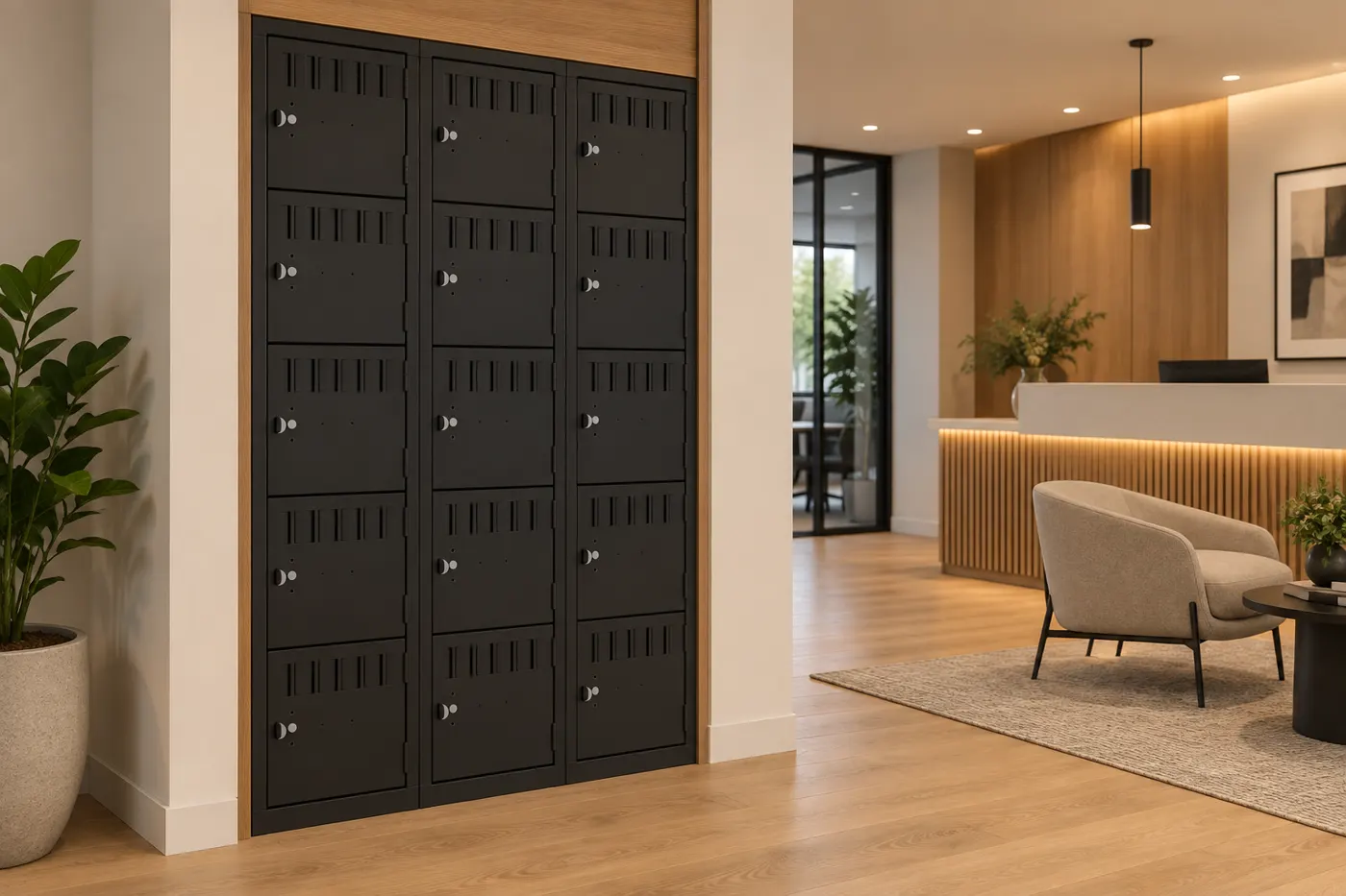 AI-generated illustration of black steel box lockers built into a wood-trimmed wall niche beside an office reception area