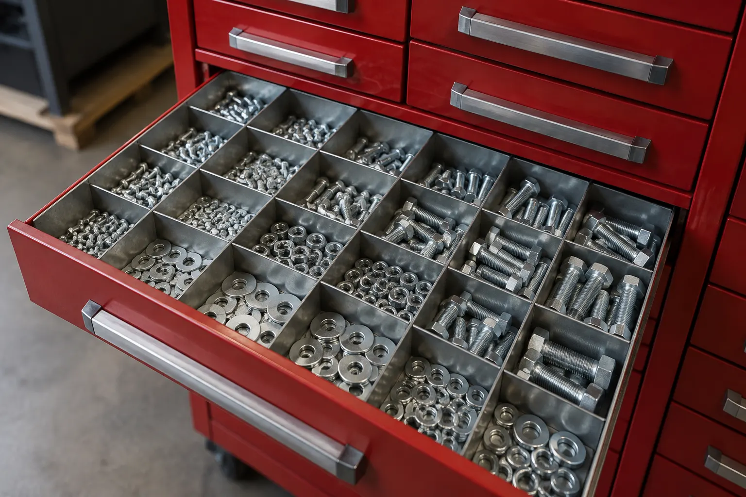 Open steel drawer with divided compartments of hex bolts, nuts and washers sorted from small to large