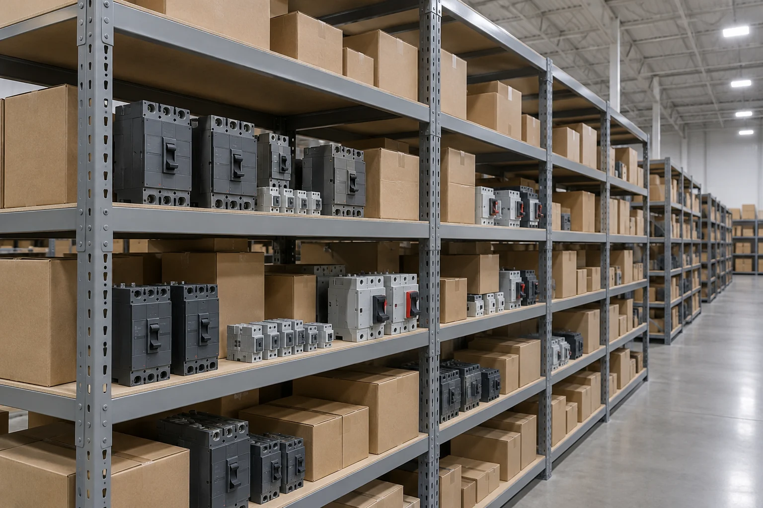Aisle of six-level boltless shelving holding breakers, disconnect switches and cartons in an electrical equipment warehouse