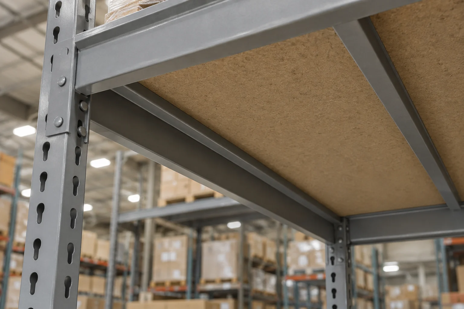 View under a boltless shelving level showing a center deck support between the beams below the particle board deck