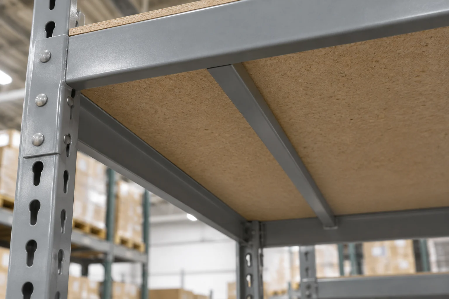 Underside of a boltless shelving level showing one steel deck support at mid-span under the particle board deck