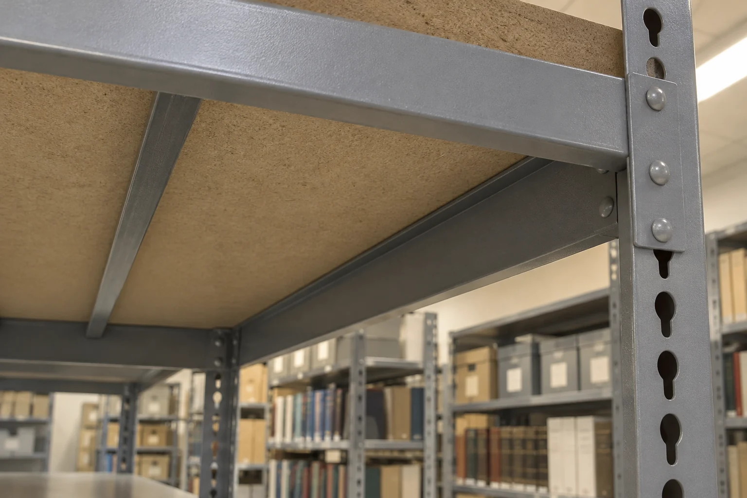 Underside of a deep boltless shelving level showing a steel deck support running front to back below the particle board deck