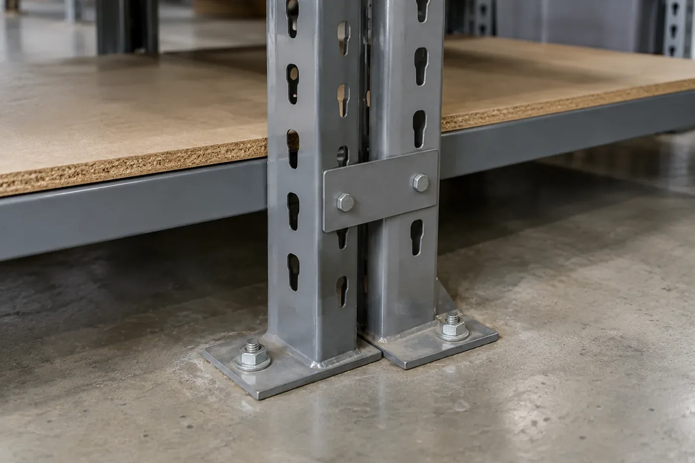 Rivet shelving posts on foot plates anchored to a concrete floor and joined by a tie plate