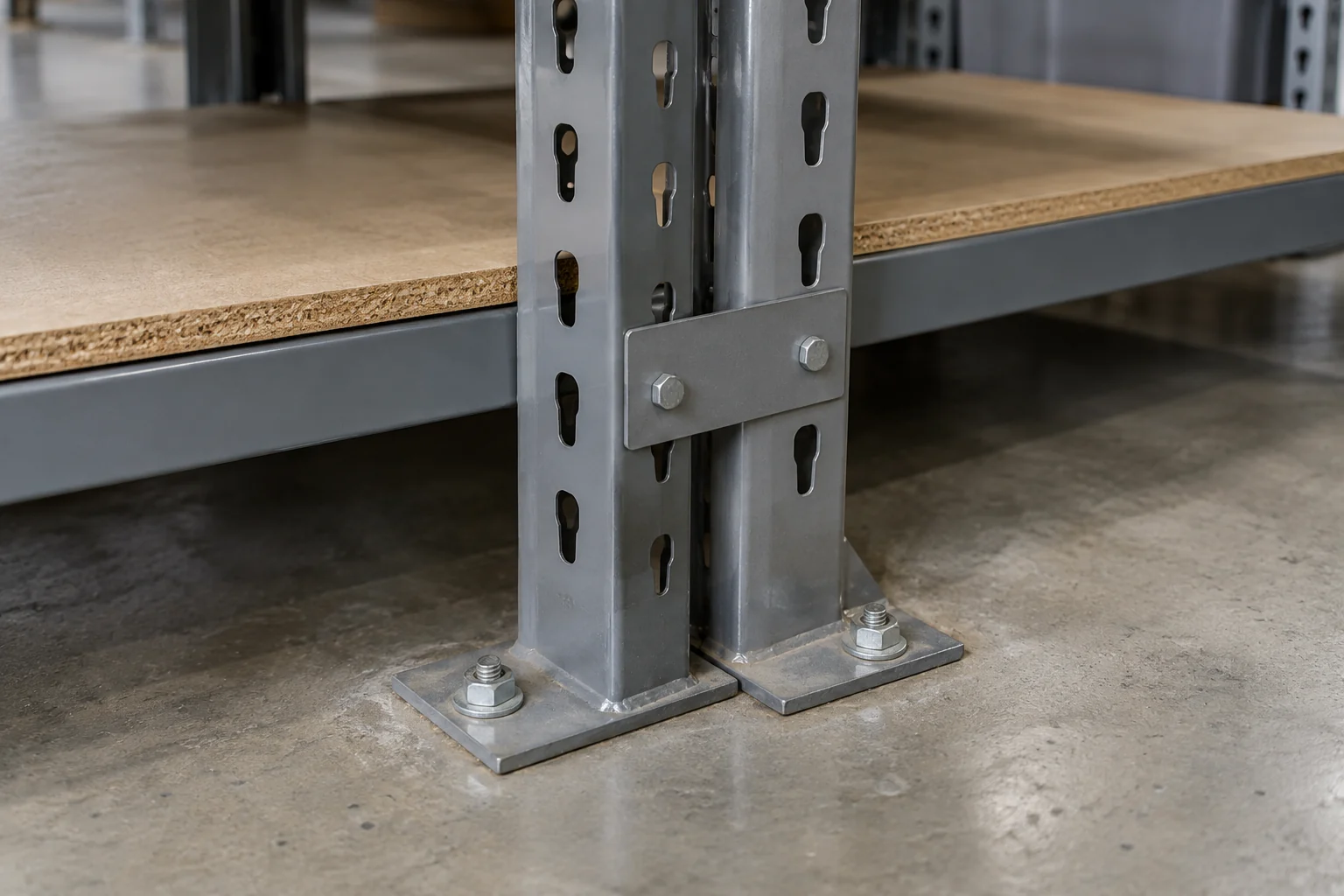 Two boltless shelving posts on foot plates anchored to a concrete floor and joined by a bolted tie plate