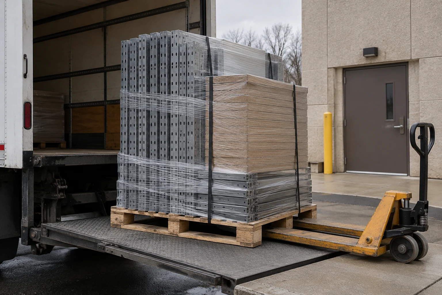 Shrink wrapped pallet of boltless shelving posts, beams and particle board decks on a freight truck liftgate at a municipal building