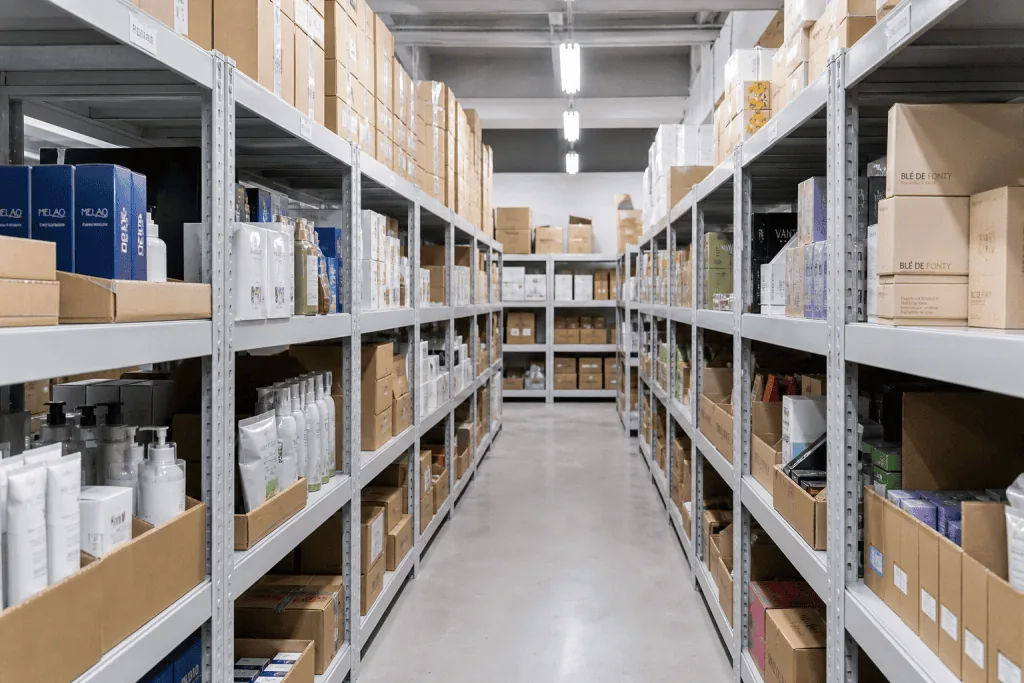 Rows of boltless shelving holding boxed ecommerce inventory and health and beauty products for single-item picking