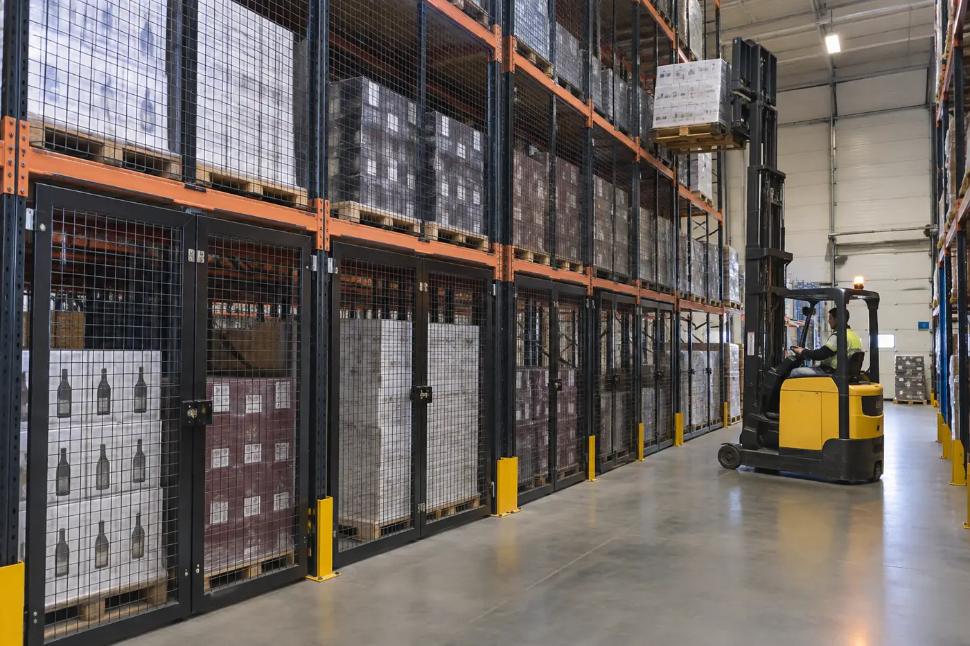 Pallet rack bays fitted with black wire mesh locking doors holding pallets of cased bottles in a bonded spirits warehouse aisle with a reach truck