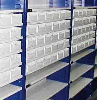 Blue Borroughs Flexi-Bin frames fitted with rows of white small-parts drawers