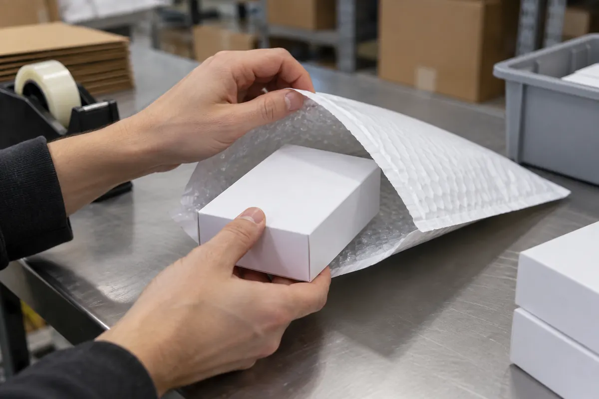 Hand sliding a boxed accessory into a white padded bubble mailer