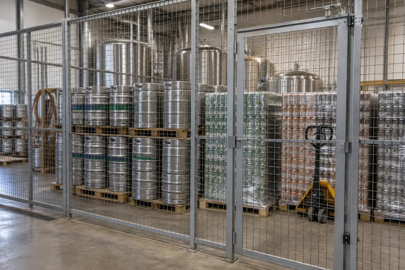 Galvanized wire mesh partition with a gate separating kegs and pallets of canned beer from the brewery floor, fermentation tanks behind