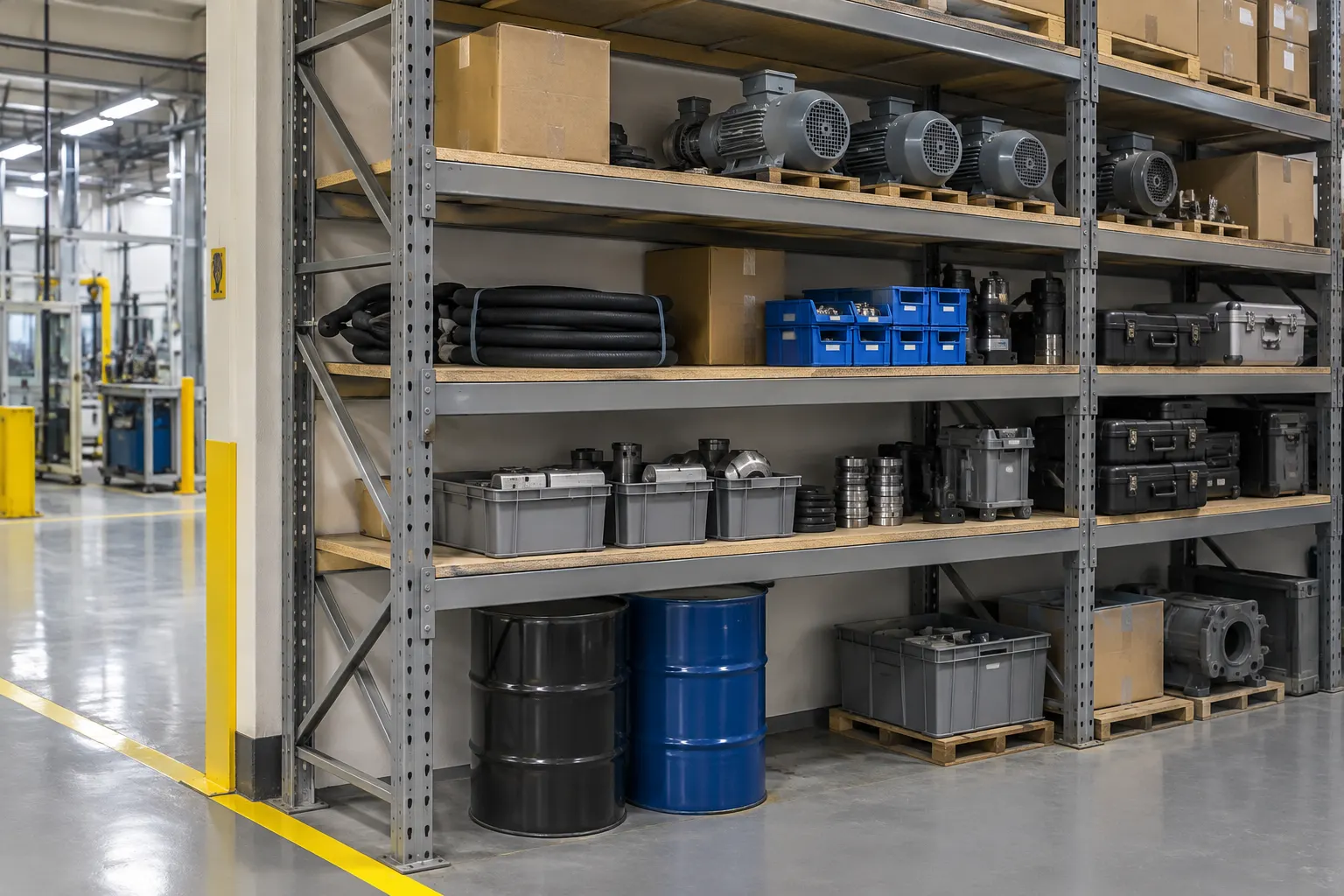 Bulk storage rack in a manufacturing storeroom with particleboard decks holding boxed motors, hoses and tooling, and drums on the open floor level