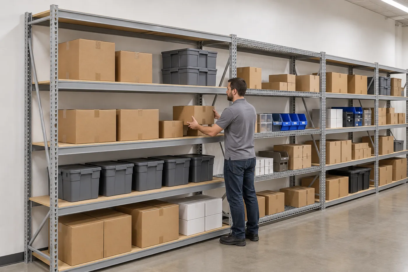 Gray bulk storage rack wide span shelving with particleboard and wire decks, with a worker hand-loading a carton onto the third level