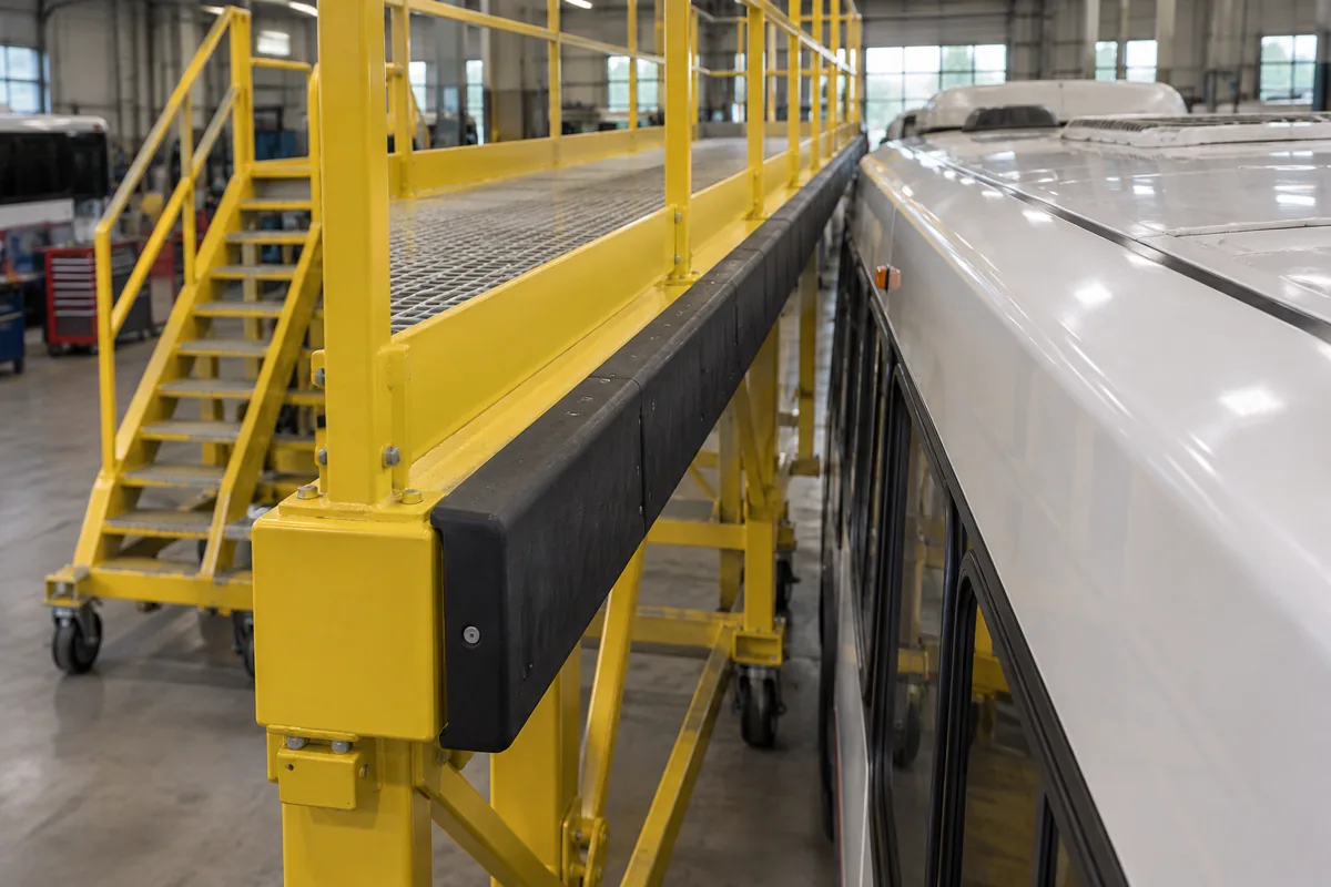 Continuous black rubber bumper along the edge of a yellow rolling bus roof platform parked beside a white transit bus