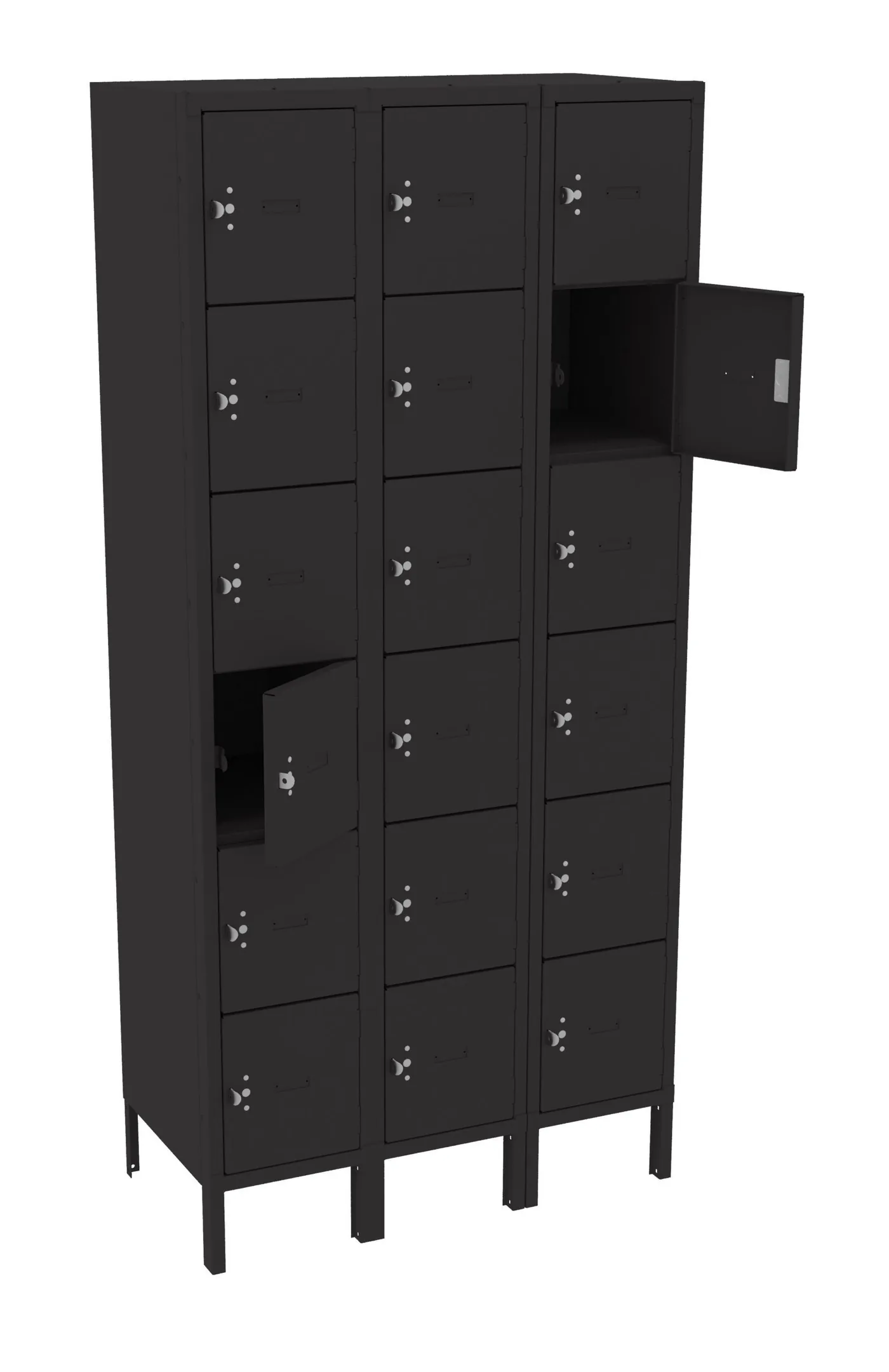 Tennsco three-wide heavy-duty six-tier steel box locker in black on legs with two doors open