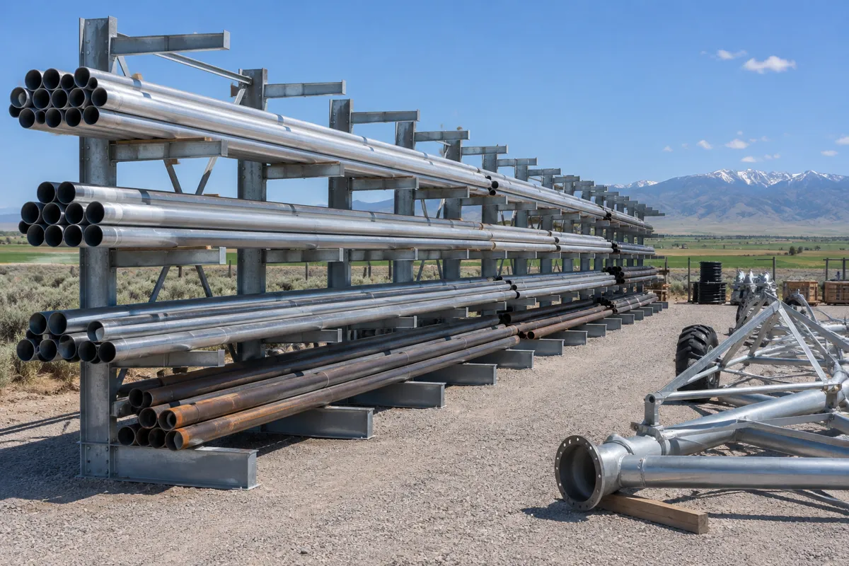 Outdoor galvanized cantilever rack storing long aluminum irrigation pipe and steel well casing at an eastern Idaho irrigation dealer yard