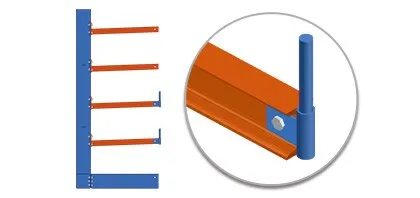 Cantilever rack arm with a pin-style end stop at the tip to keep round stock from rolling off