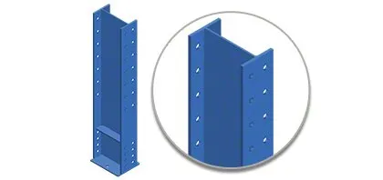 Cantilever rack column (upright) with a punched hole pattern for bolting arms at different heights