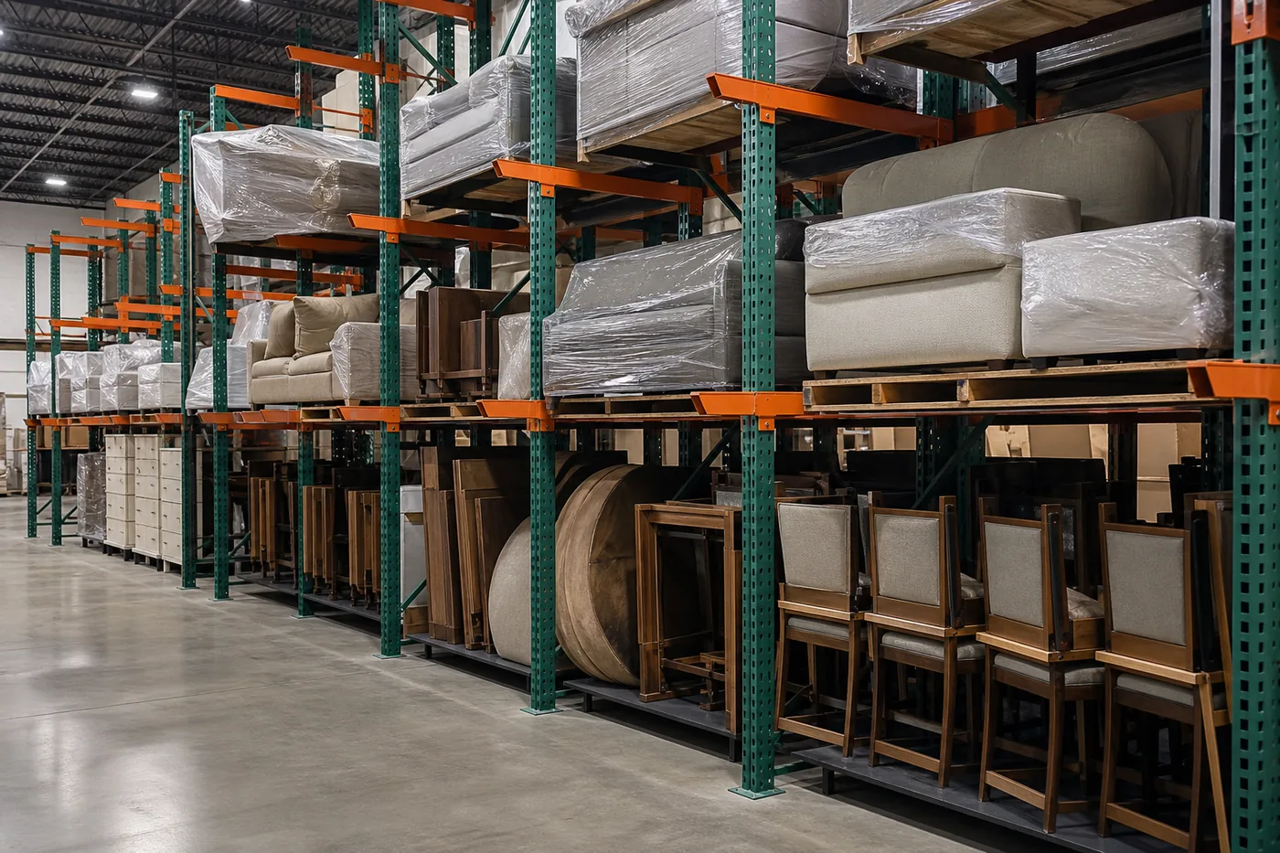 Cantilever rack storing wrapped sofas, chairs and tabletops in a furniture warehouse