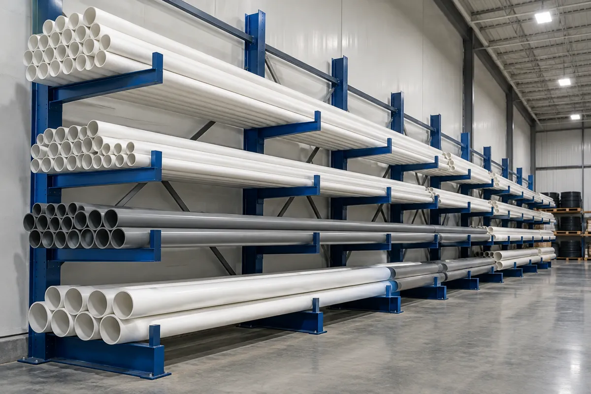 Single-sided cantilever rack with end-stop arms holding PVC pipe sorted by diameter in an Eastern Idaho plumbing and irrigation supply warehouse